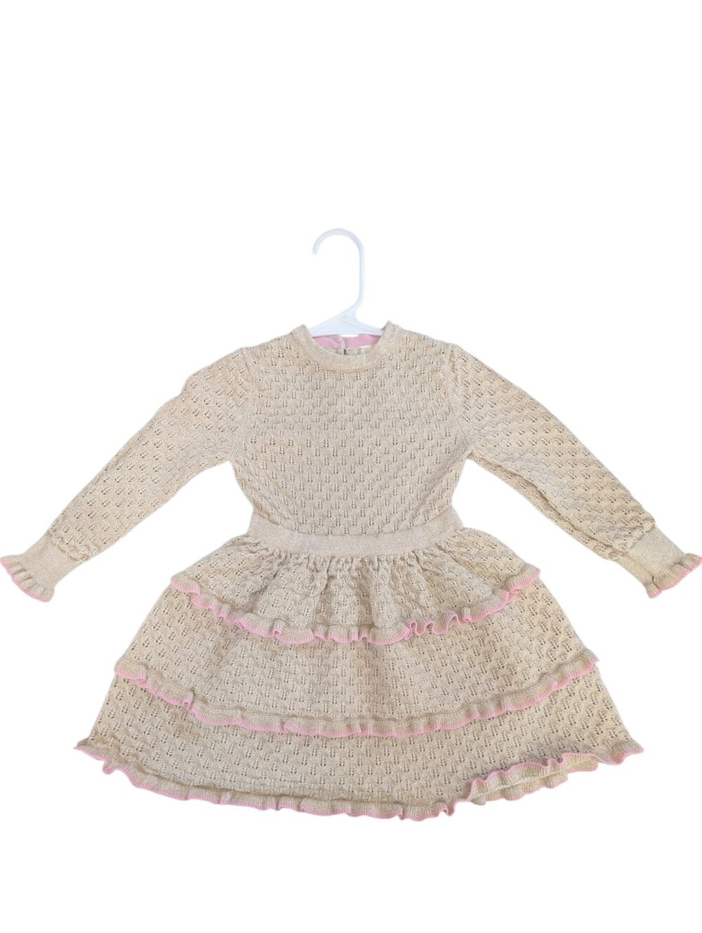 Mini Boden 3-4Y Gold Metallic Knit Tiered Ruffle Dress Pink Trim Girls